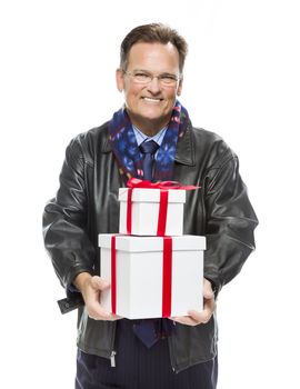 Handsome Man Wearing Black Leather Jacket and Holiday Scarf Holding Christmas Gifts Isolated on White Background.