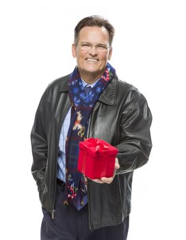 Handsome Man Wearing Black Leather Jacket and Holiday Scarf Holding Christmas Gift Isolated on White Background.