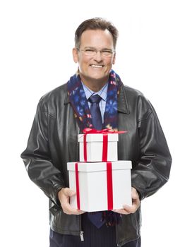 Handsome Man Wearing Black Leather Jacket and Holiday Scarf Holding Christmas Gifts Isolated on White Background.