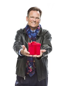 Handsome Man Wearing Black Leather Jacket and Holiday Scarf Holding Christmas Gift Isolated on White Background.