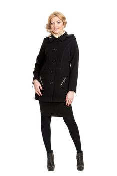 The girl in a black autumn coat on a white background