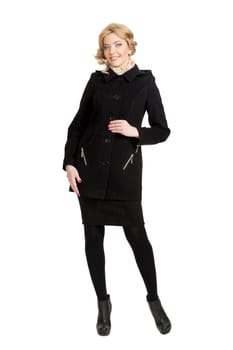 The girl in a black autumn coat on a white background