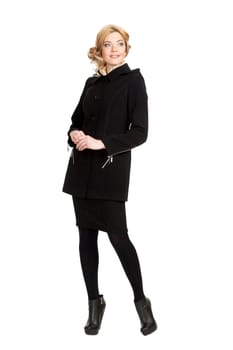 The girl in a black autumn coat on a white background