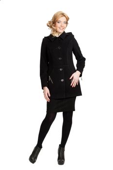 The girl in a black autumn coat on a white background