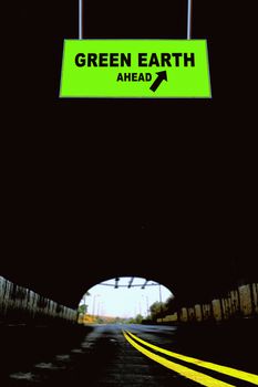 A Notice Board On A National Highway tunnel  Showing Green earth Ahead Concept