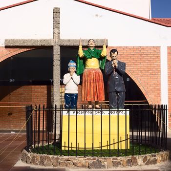 COPACABANA, BOLIVIA - OCTOBER 19, 2014: Statues and cross outside the Velatorio (Chapel of Rest) in the small tourist town along Lake Titicaca on October 19, 2014 in Copacabana, Bolivia 