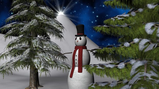 Christmas night star with a Snowman and two fir trees 