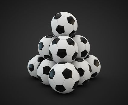 3d render of four soccer balls faced pyramid on white background