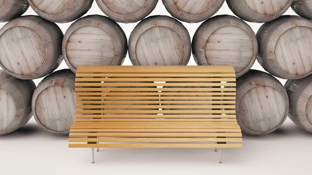 Bench standing frontally against backdrop of beautiful wine barrels