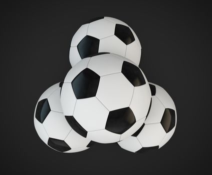3d render of four soccer balls faced pyramid top view