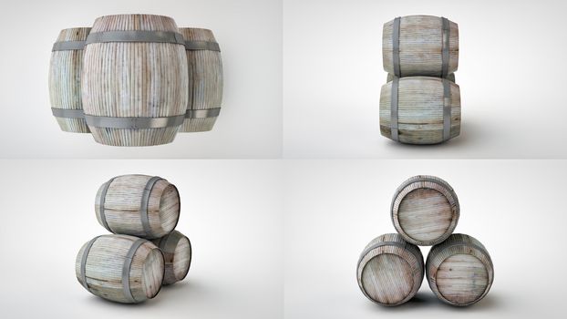 Beautiful wine barrels created in 3D program, rendered on white background