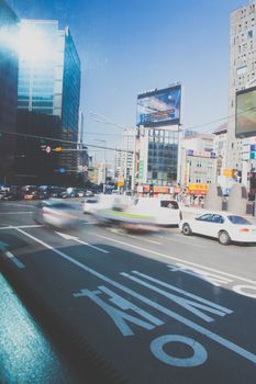 Seoul, South Korea - November 3, 2014: Traffic in the Sinchon, Seoul, It is lined with department stores, cosmetics and cafe.