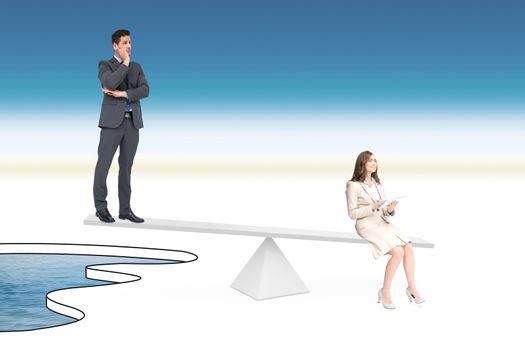 White scales weighing businessman and businesswoman over pool of water