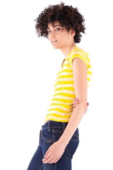 Young woman with curly hair and shirt with yellow stripes.
