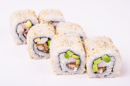 eel sushi roll isolated on white background