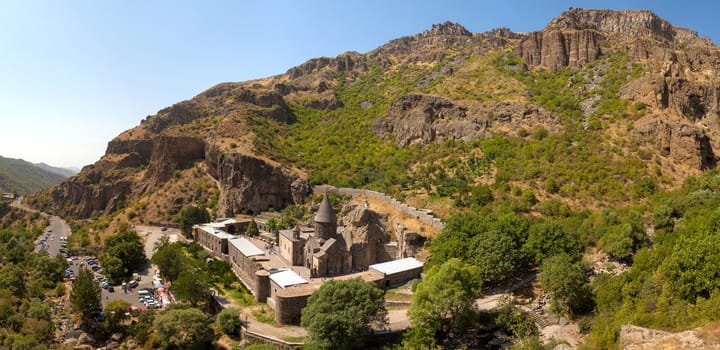 The ancient Christian temple Gegard in the mountains of Armenia. Top view.