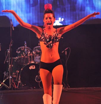 A dancer performing on stage at a carnaval in Playa del Carmen, Mexico 10 Feb 2013 No model release Editorial use only