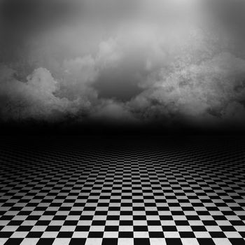Empty, dark, psychedelic image with black and white checker on the ground and ray of light in cloudy sky