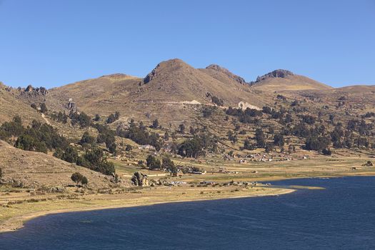 Rural landscape along the shore of Lake Titicaca close to the small tourist town of Copacabana in Bolivia