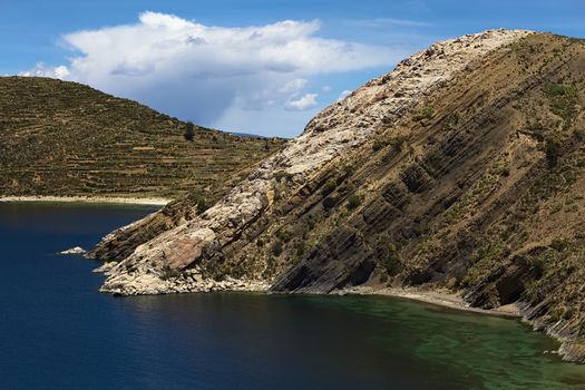 The bay of Sabacera on the northern part of the Isla del Sol (Island of the Sun), a popular travel destination in Lake Titicaca in Bolivia