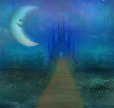 abstract landscape with old castle and smiling moon