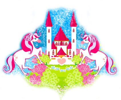 Card with a cute unicorns and fairy-tale princess castle