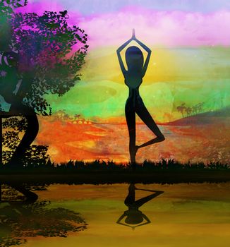 Girl in Yoga pose on Summer background