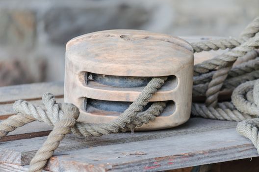 Pulley of an old wooden sailboat