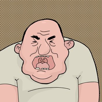 Screaming single chubby bald Caucasian man cartoon