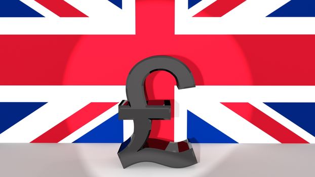 Currency symbol Pound made of dark metal in spotlight in front of british flag