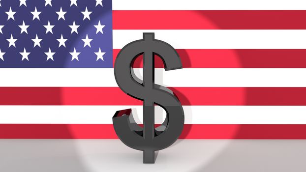 Currency symbol Dollar made of dark metal in spotlight in front of american flag