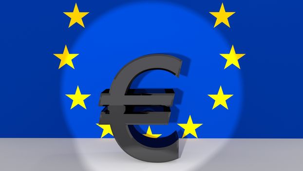 Currency symbol Euro made of dark metal in spotlight in front of European flag