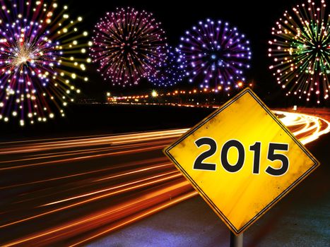 Happy New Year 2015 fireworks and city cars highway lights with yellow road sign. Greeting card design background.