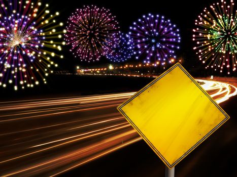 Happy New Year fireworks and city cars highway lights with copy space in yellow road sign.