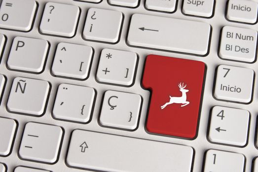 Spanish keyboard with vintage christmas reindeer icon over red background button. Image with clipping path for easy change the key color and editing.