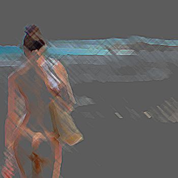Digital impression of a topless woman model walking along a beach