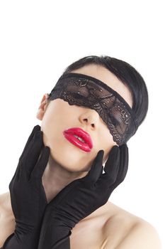 woman with a lace blindfold