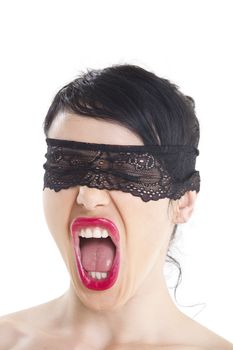 woman with a lace blindfold