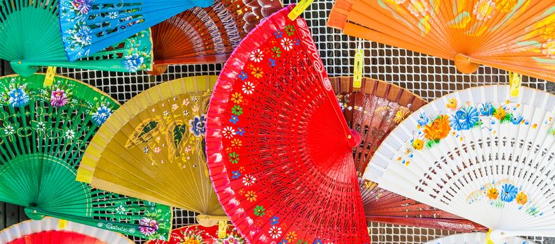 Bright colors on these traditional Spanish Fans in Saville, Andalusia Region.