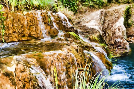 Mountain Lake and Waterfall. Greece, Messinia - Impressionism