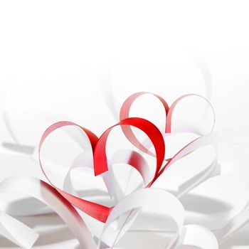 Paper ribbon hearts on white background, Valentines day concept