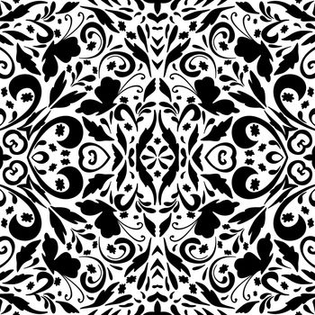 Seamless abstract floral pattern with symbolical butterflies, black silhouettes on white background.