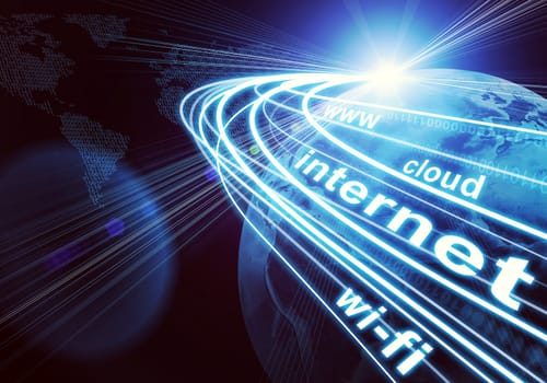 Earth, continents composed of digits, stream of light beams with inscribed binary code and words www. cloud, internet, wi-fi on dark background. Communication concept. Elements of this image furnished by NASA