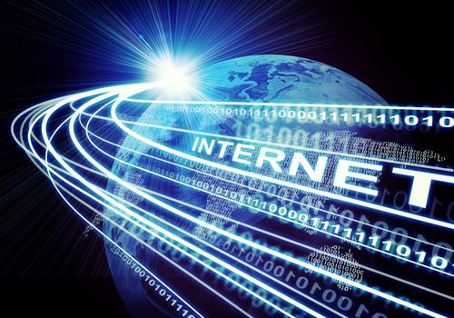 Earth, continents composed of digits, stream of light beams with inscribed binary code and word internet on dark background. Communication concept. Elements of this image furnished by NASA