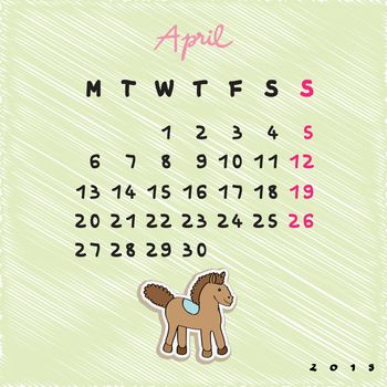 Calendar 2015 with toy horses, graphic illustration of April month calendar with original hand drawn text