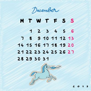 Calendar 2015 with toy horse, graphic illustration of December month calendar with original hand drawn text
