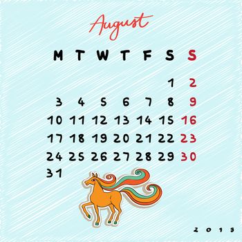 Calendar 2015 with toy horse, graphic illustration of August month calendar with original hand drawn text 