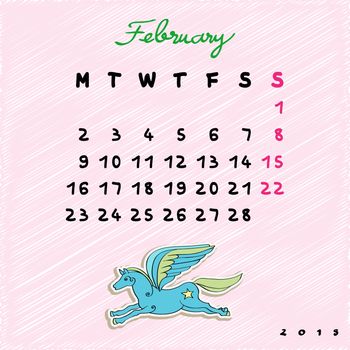 Calendar 2015 with toy horse, graphic illustration of February month calendar with original hand drawn text