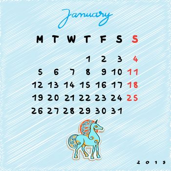 Calendar 2015 with toy horse, graphic illustration of January month calendar with original hand drawn text