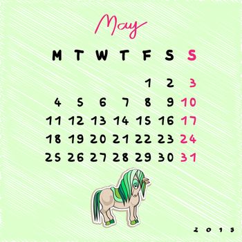 Calendar 2015 with toy horse, graphic illustration of May month calendar with original hand drawn text